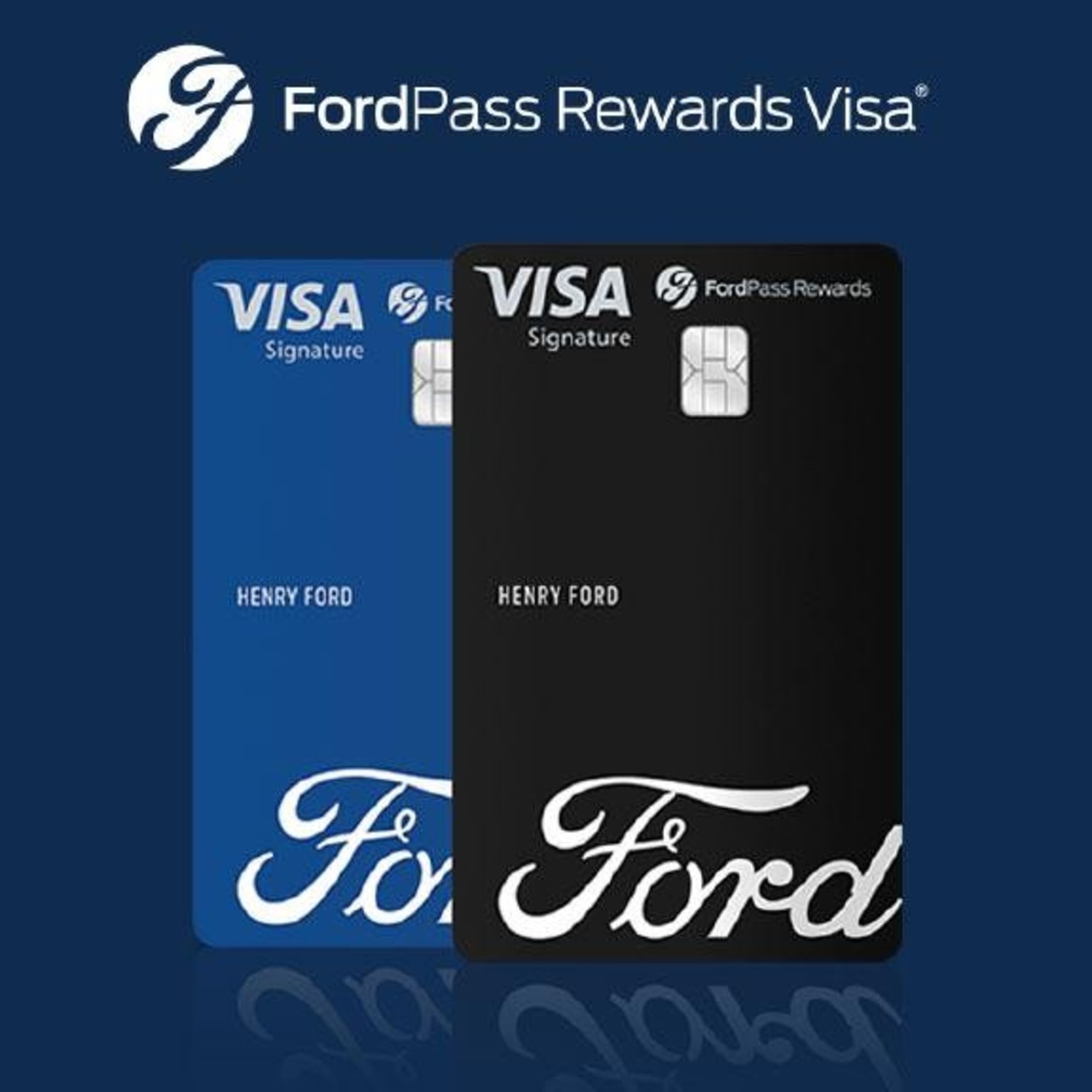 The image shows two Visa credit cards with rewards program branding prominently displayed on the cards.