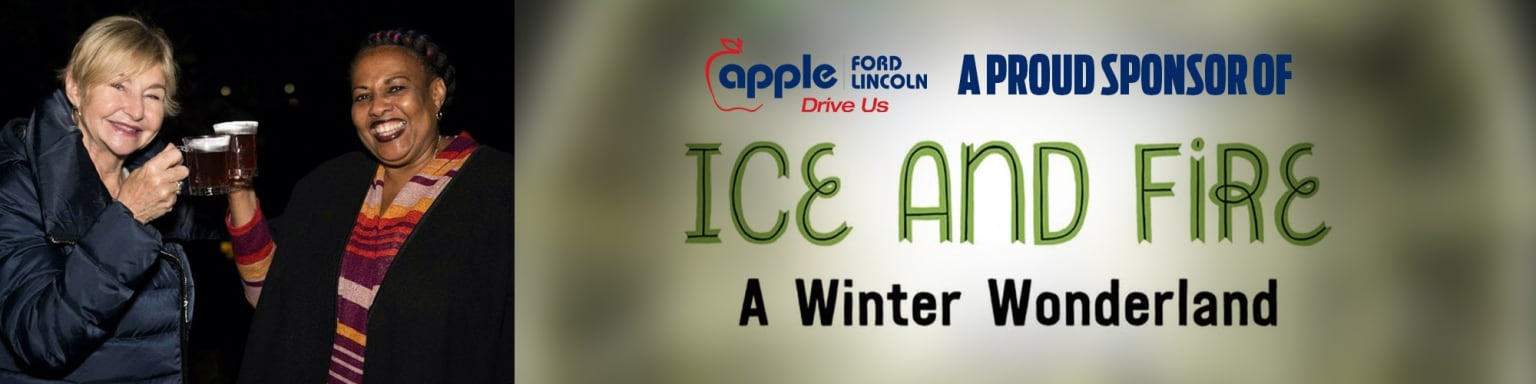 an advertisement for an ice and snow event with a woman in a black top and a green and red scarf