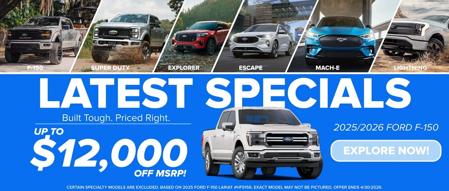 The image showcases various vehicle models, including a heavy-duty truck, midsize SUV, compact SUV, electric SUV, and electric pickup, along with a promotional offer for savings on upcoming Ford models.