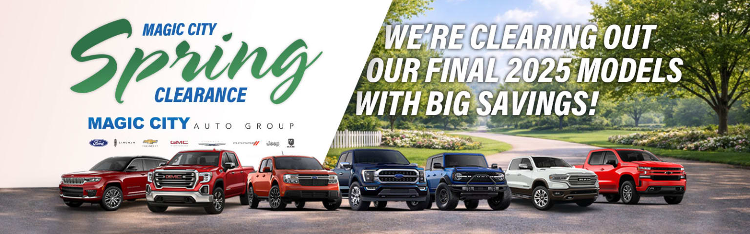 The image shows a selection of pickup trucks and SUVs at a dealership, with a promotional message about clearing their final 2025 models with big savings.