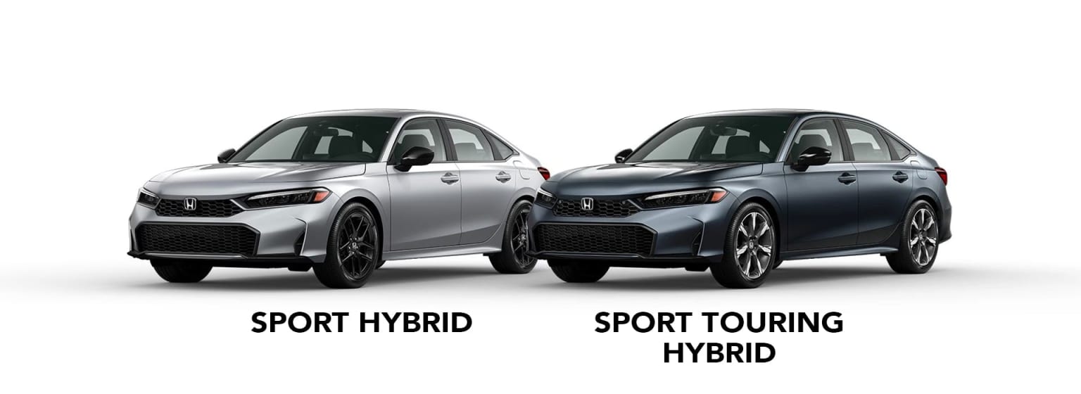 Two hybrid sedans, one silver and one dark gray, are displayed against a plain white background.