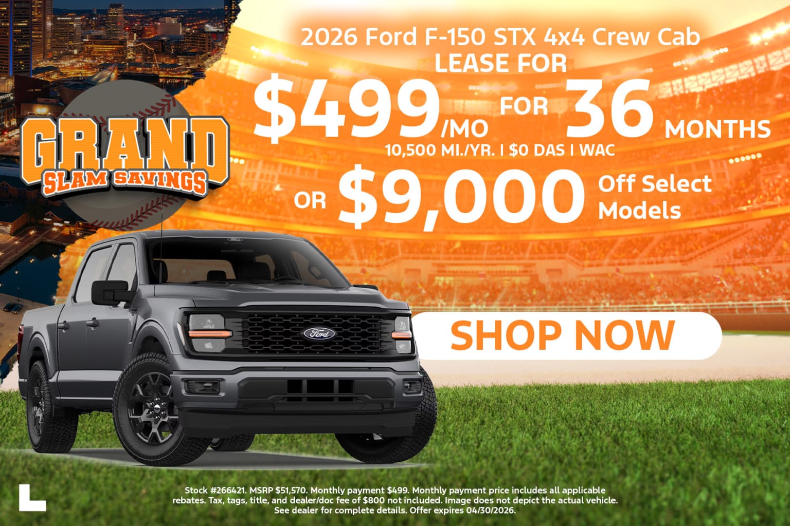 A 2026 truck displayed with a city skyline in the background.