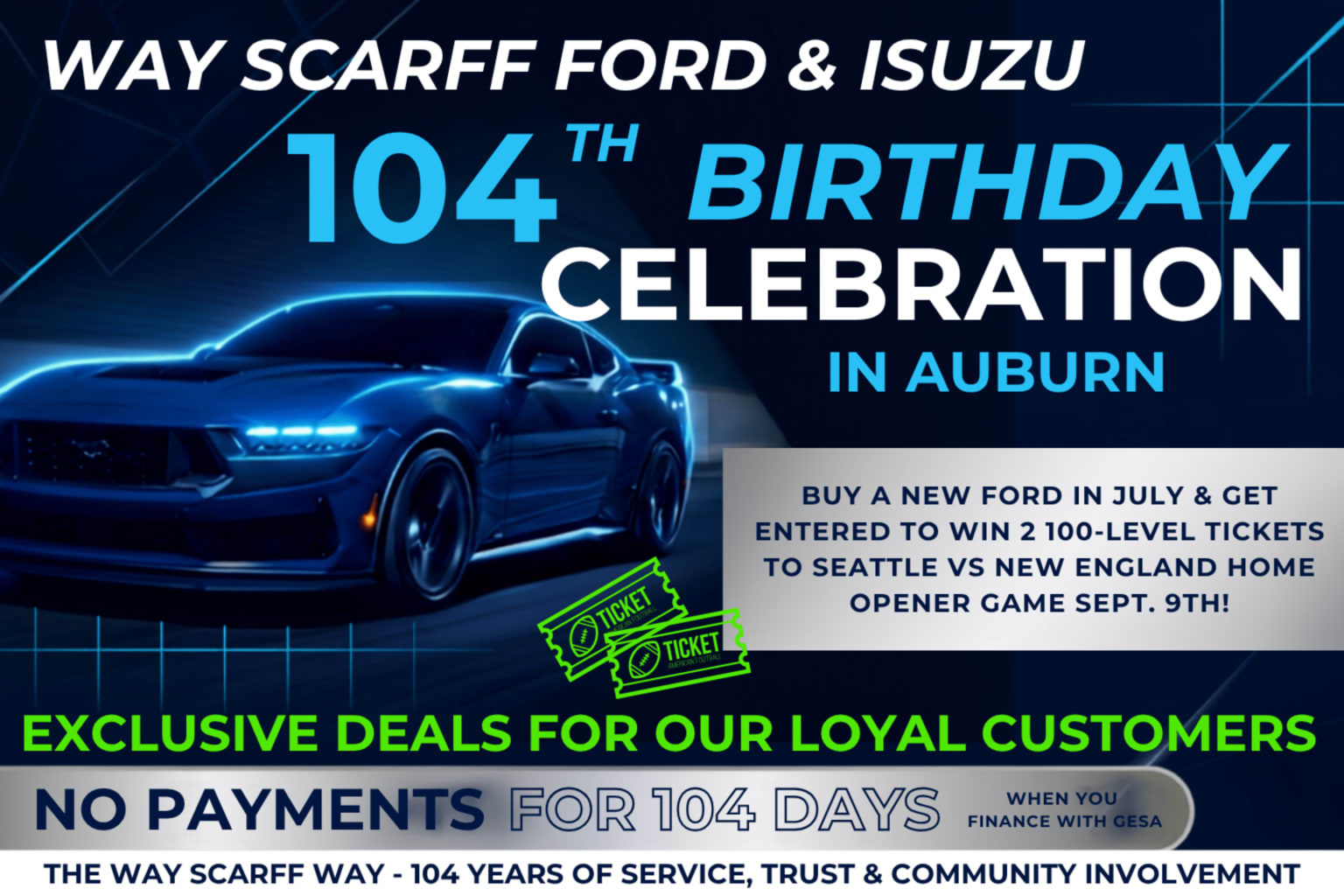 A blue sports car is featured in the foreground with a "104th Birthday Celebration" banner in the background.