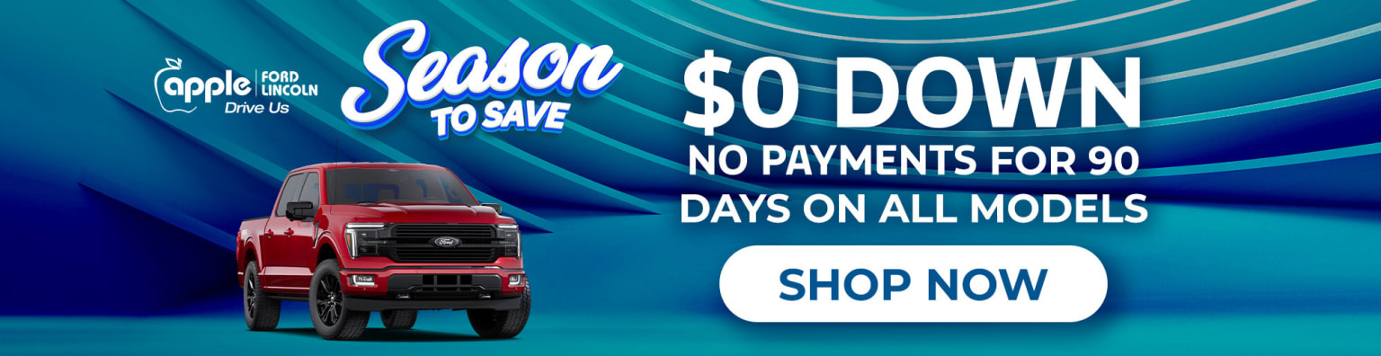 Image of a large red pickup truck in the foreground against a vibrant teal background with wavy patterns, promoting a "Season to Save" sale with $0 down and no payments for 90 days on all models.