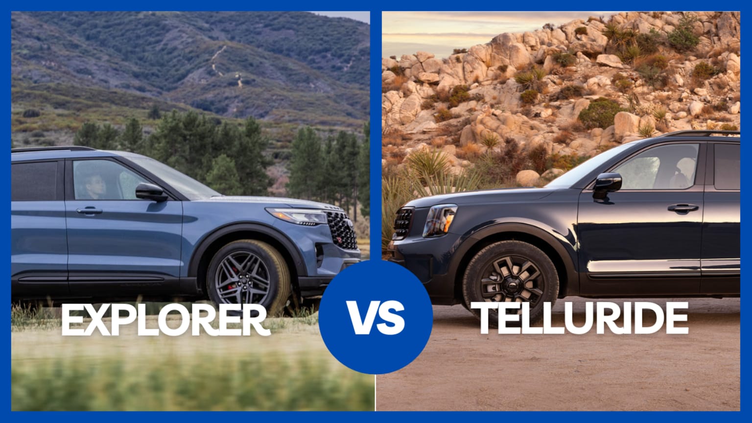 Two SUV models set against contrasting natural landscapes - a lush, mountainous terrain for one and a rugged, rocky backdrop for the other.