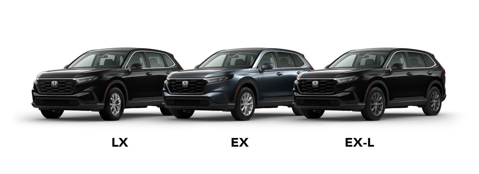 Three SUVs, labeled LX, EX, and EX-L, are lined up against a white background.