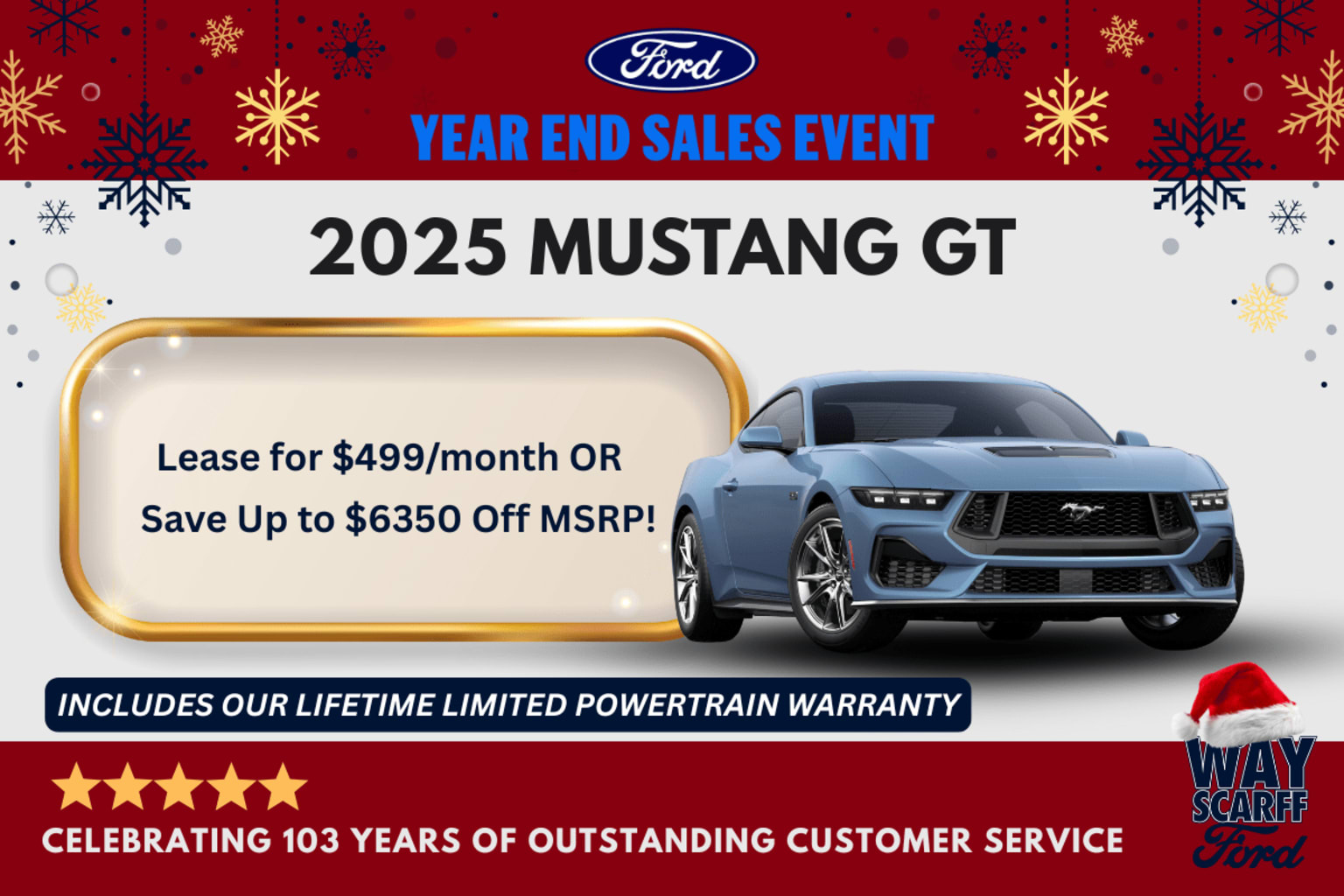 The image features a sports car prominently displayed in the foreground, with a festive holiday-themed background of snowflakes.