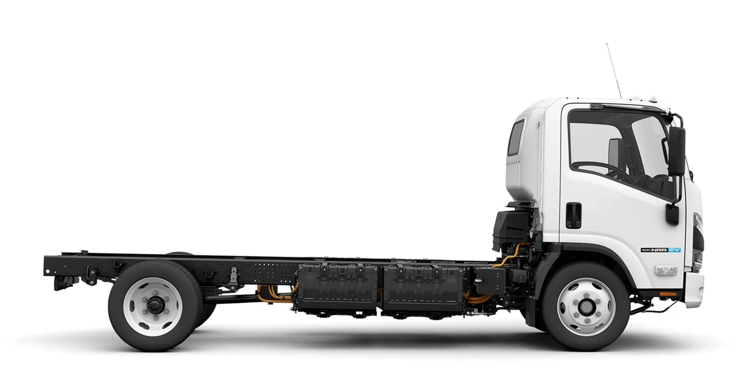 A white electric truck chassis with a bare frame and cab against a plain white background.