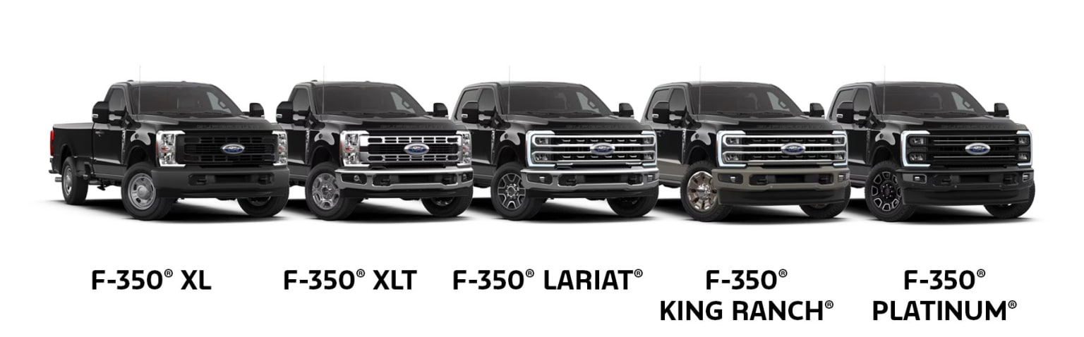 Three pickup trucks in various trim levels: XLT, Lariat, and King Ranch models, all showcased in a monochromatic color scheme.