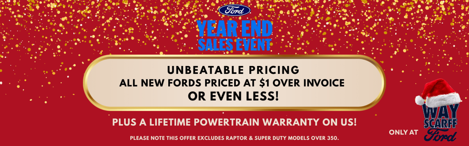 The image displays a Ford logo against a vibrant red background with yellow sparkles, and it advertises "Unbeatable Pricing" on all new Ford models priced at or below invoice, along with a lifetime powertrain warranty.