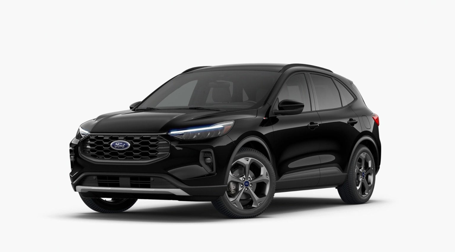 A sleek and modern-looking black SUV with a bold front grille and distinctive headlights stands prominently in the frame, set against a plain white background.