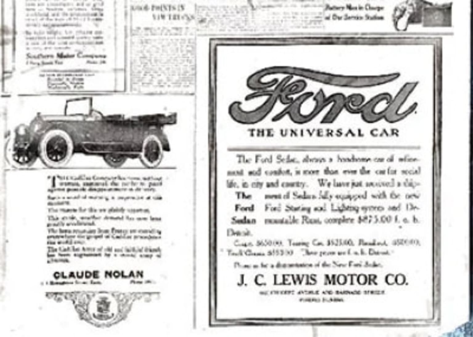 an old advertisement for a car with a picture of a man in the back of the car and a picture of a woman in the back of the car