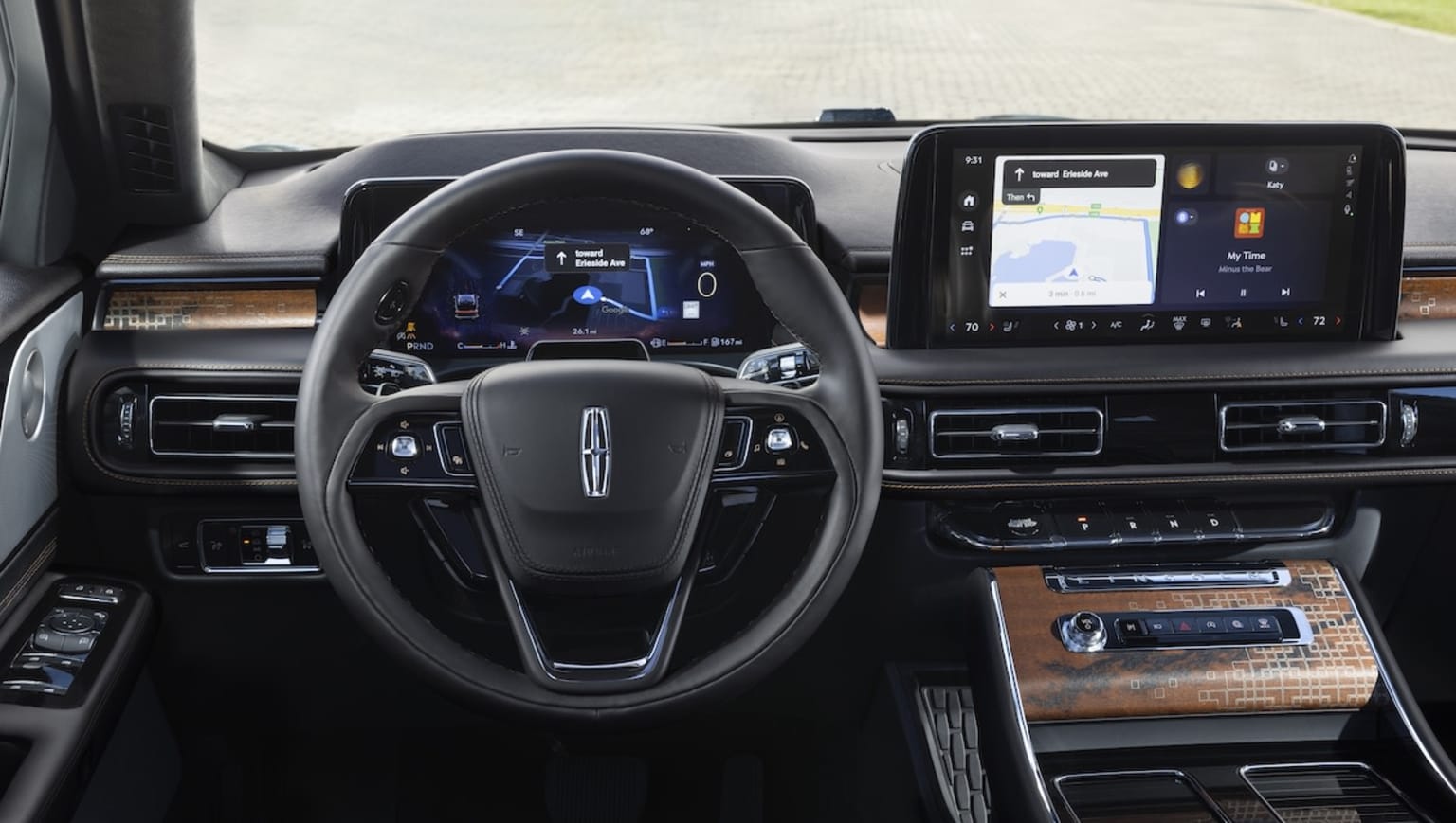 Lincoln Aviator Black Label interior shot with a focus on the sterring wheel and display
