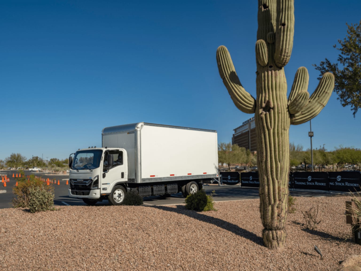 A large saguaro cactus stands in the foreground beside a white box truck parked on a gravel lot under a clear blue sky.