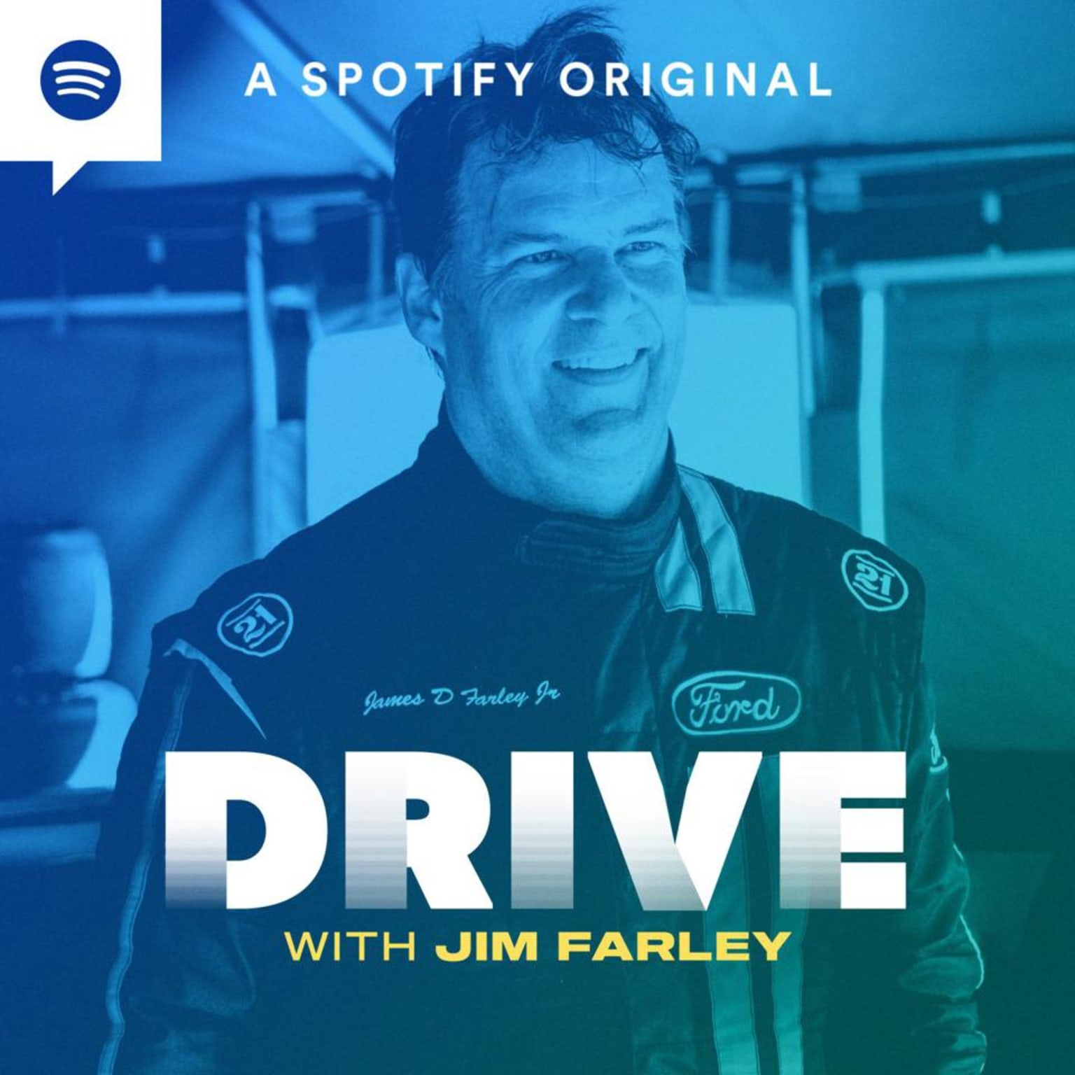 a man in a black jacket with a blue background and the words drive with him farley on it