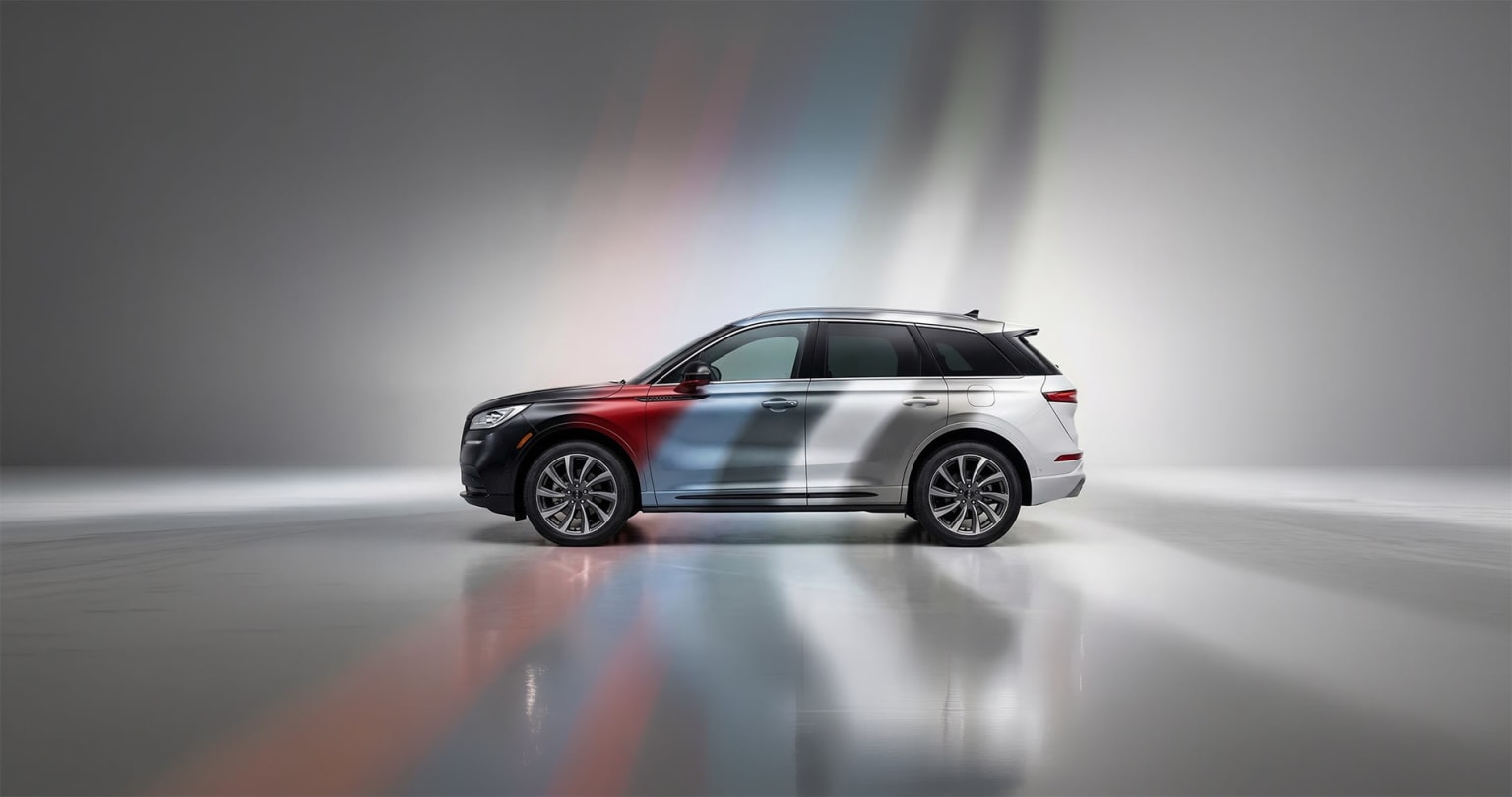 2026 Lincoln Corsair showing dynamic exterior color transitions across the vehicle in a modern studio setting