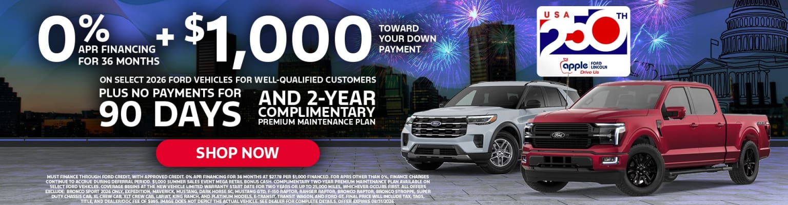 Two vehicles at a dealership with a city skyline and fireworks in the background, offering financing and down payment assistance.
