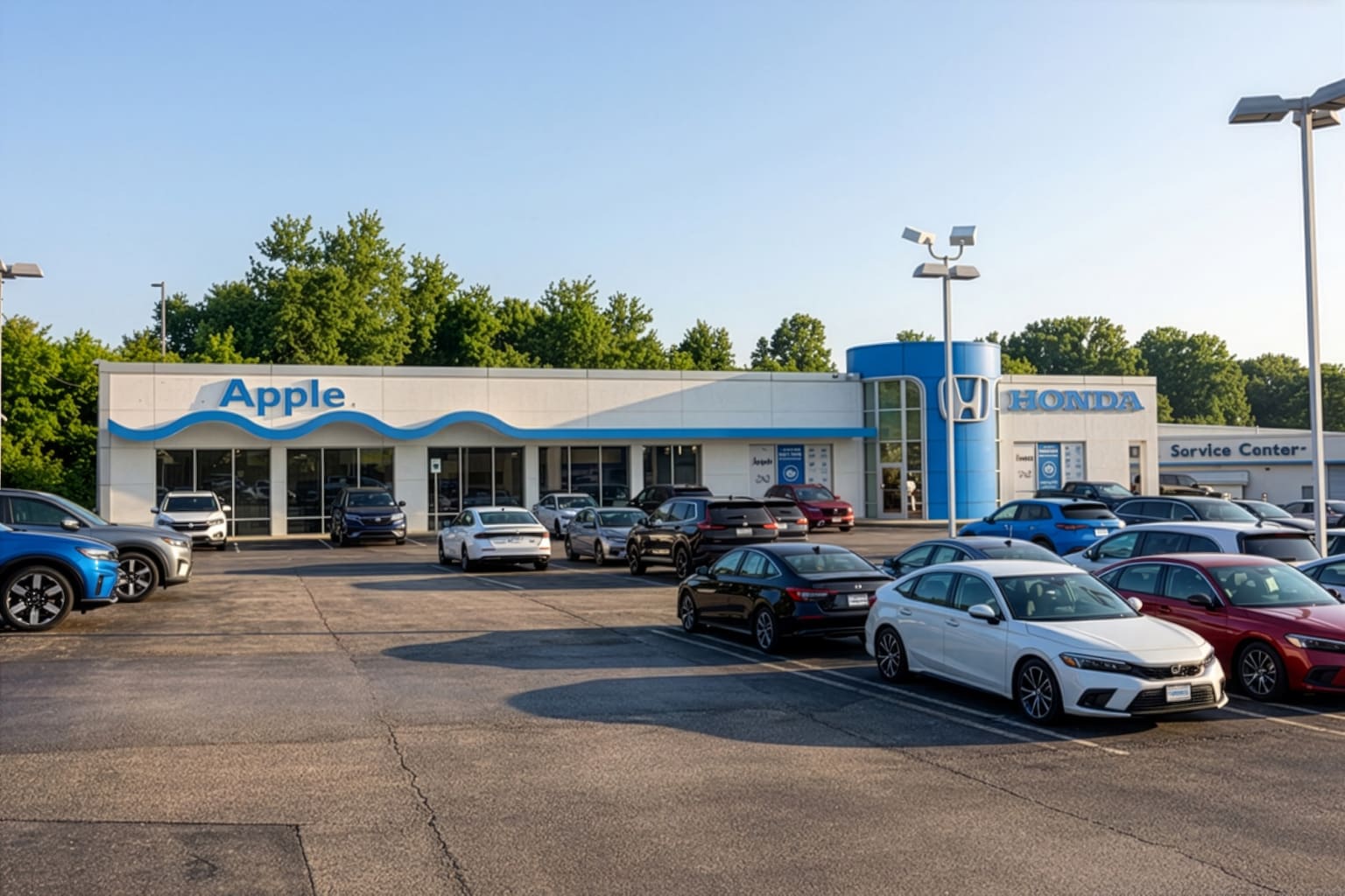 The image shows a car dealership with a service center located next to it, surrounded by a parking lot filled with various vehicles.