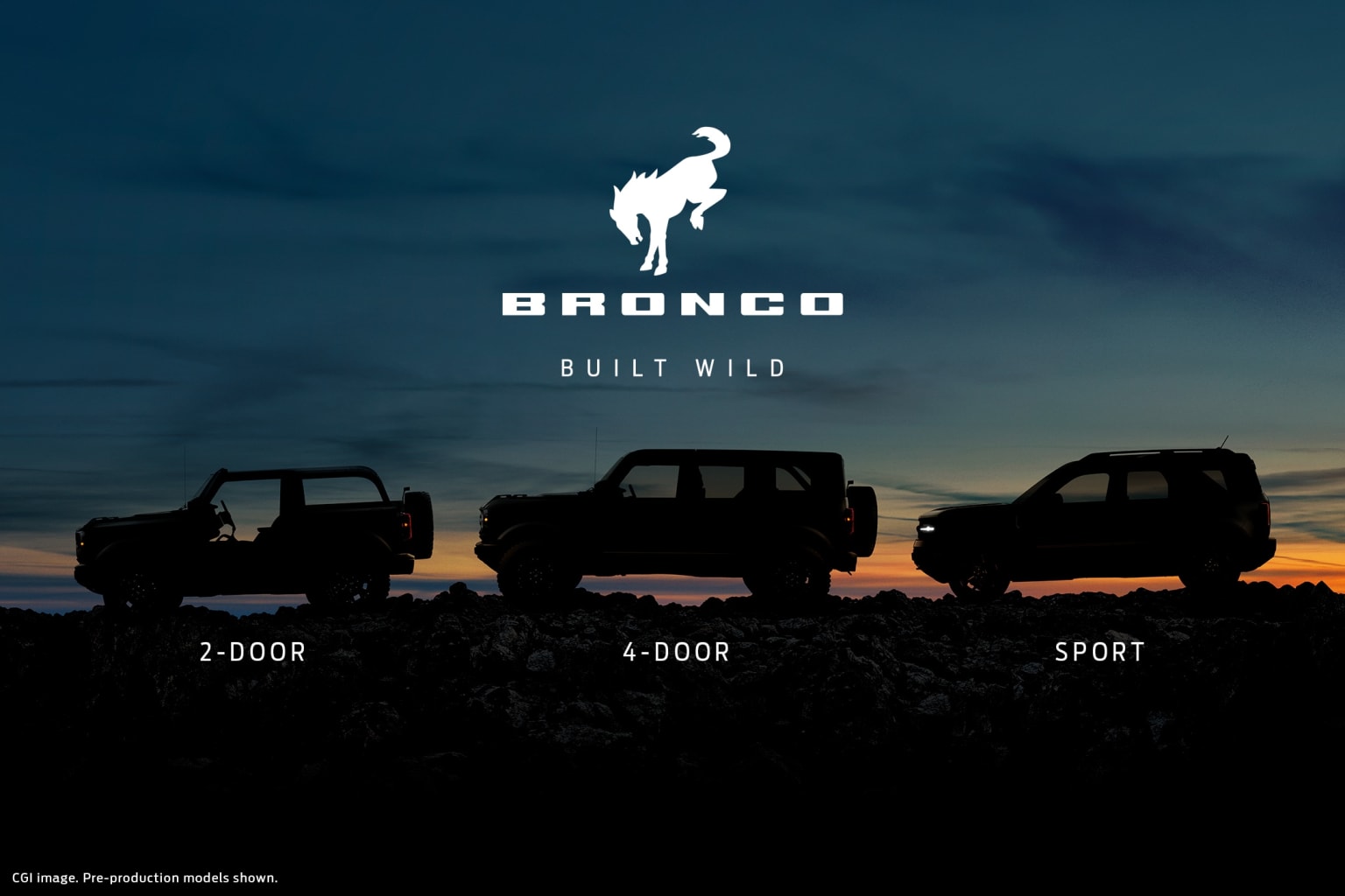 a group of four trucks parked next to each other in a field at sunset with the words bronco built wild above them