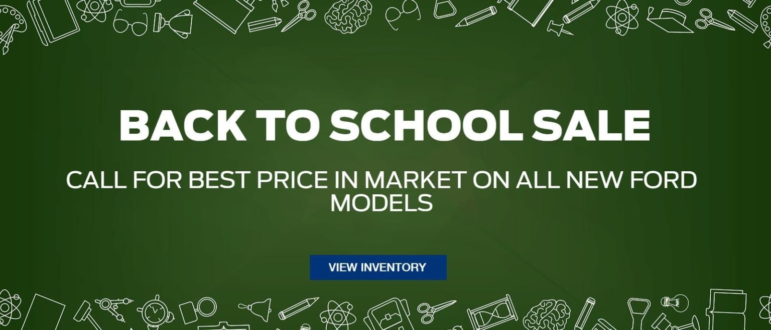 The image displays a "Back to School Sale" advertisement for new models, with a call to action to view the inventory. The background features various school-related icons and graphics, creating a thematic context for the sale.