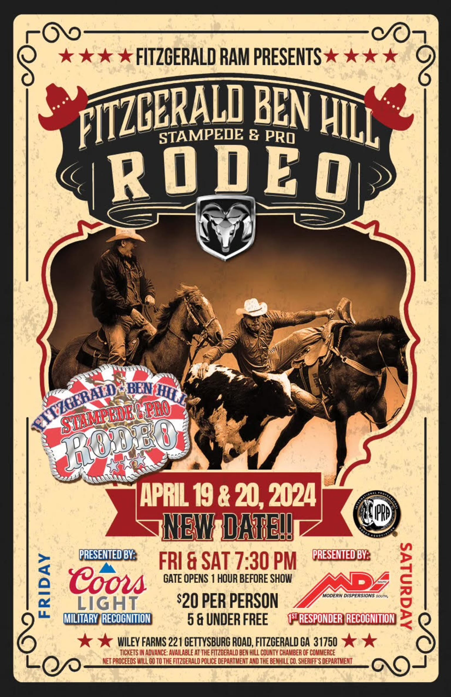 A poster advertising a rodeo event with a cowboy riding a horse as the central figure.