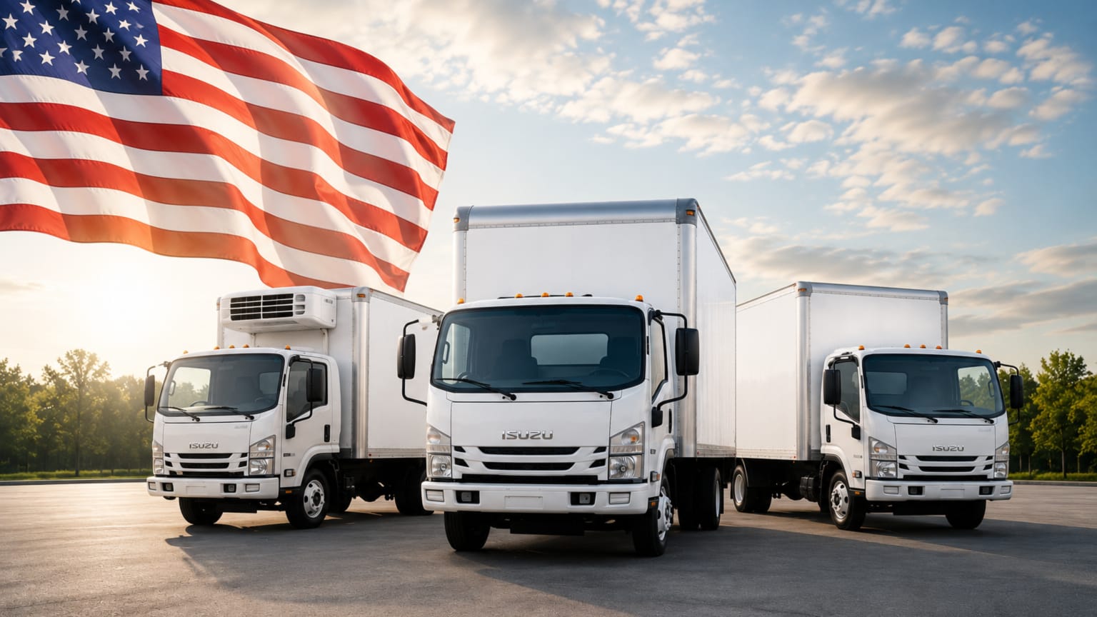Three white box trucks are parked in front of a large American flag waving in the breeze, with a cloudy sky in the background.
