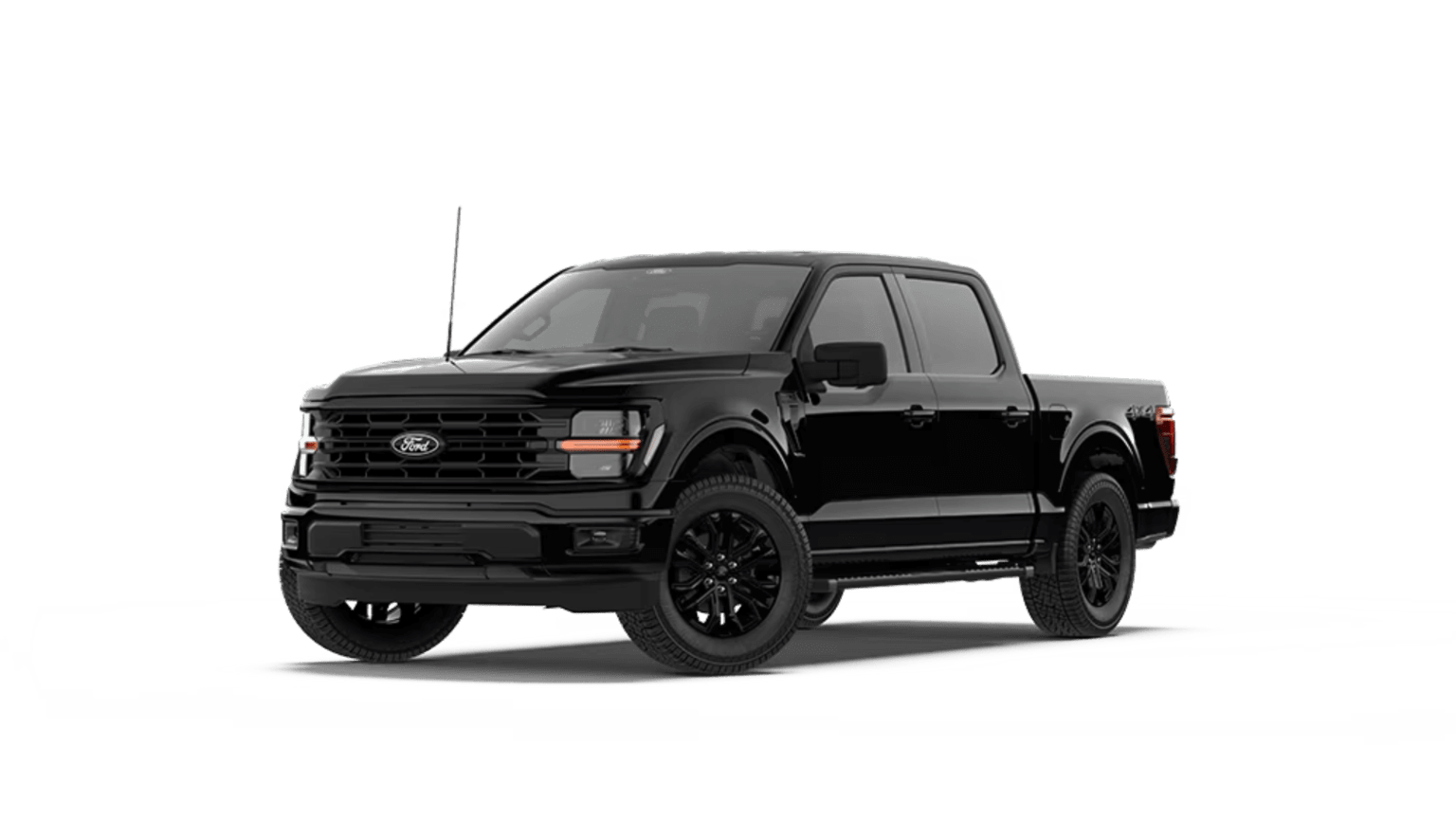 A black pickup truck positioned in the foreground against a plain white background.