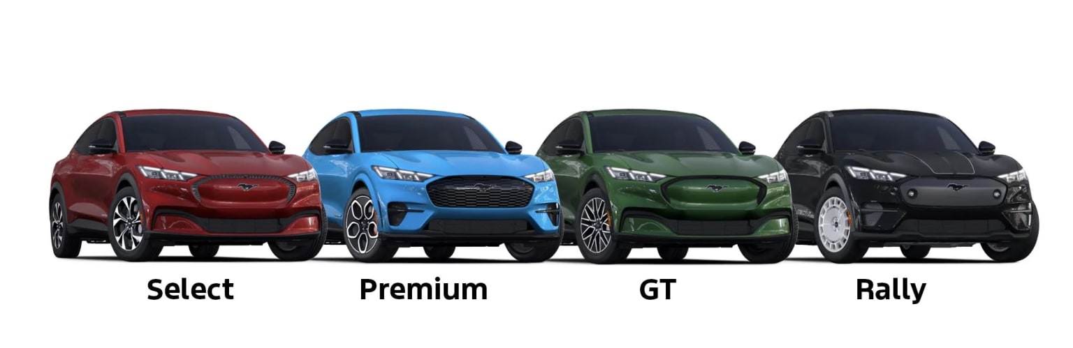 Image of four electric vehicles in different colors showcasing various trim levels and design variations.
