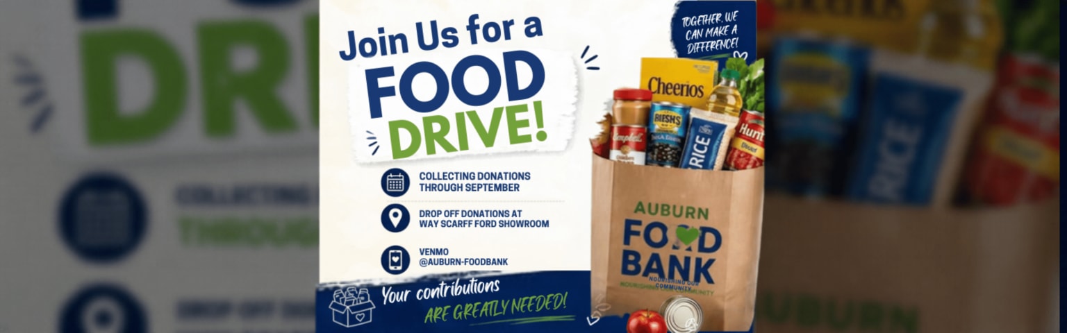 A food drive flyer featuring a grocery bag filled with food items.