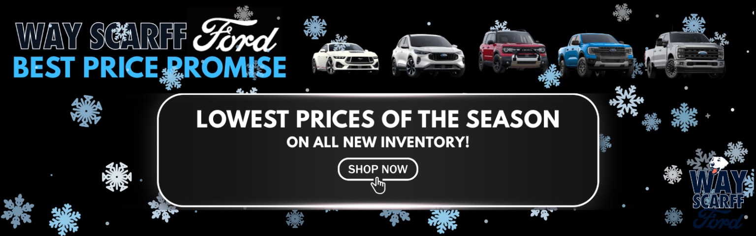 The image displays a dealership advertisement featuring various vehicle models against a winter-themed background with snowflakes and the text "Lowest Prices of the Season on all new inventory!" along with a "Shop Now" button.