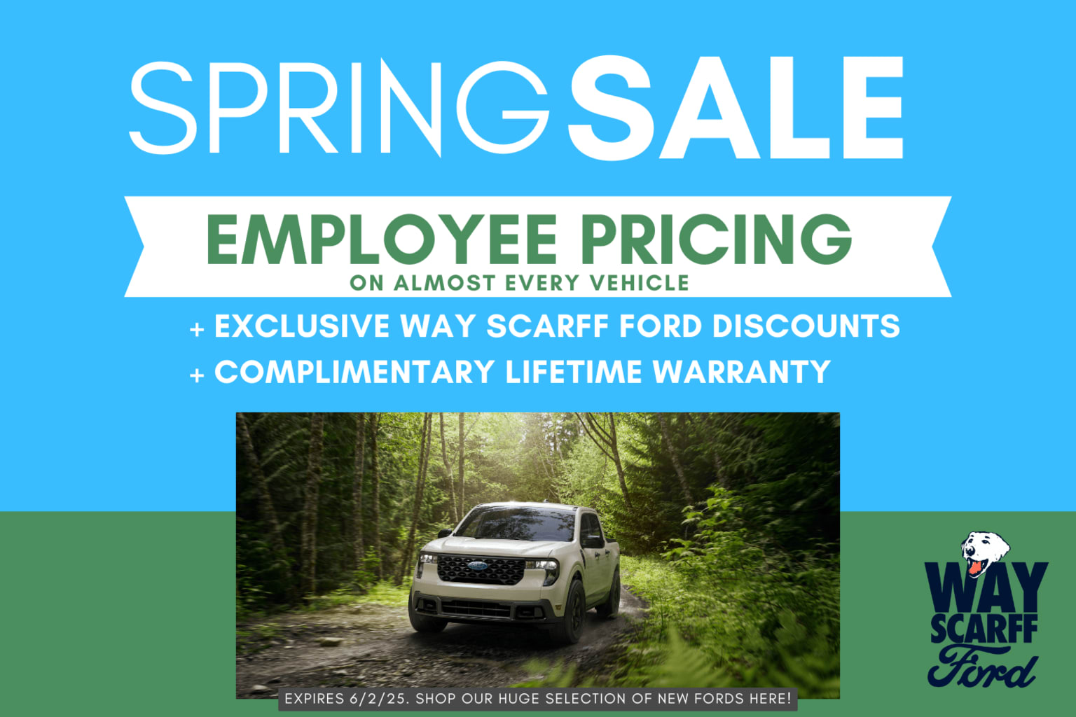 The image shows a vehicle driving through a lush, forested area with a "Spring Sale" promotion offering employee pricing and exclusive discounts on vehicles.