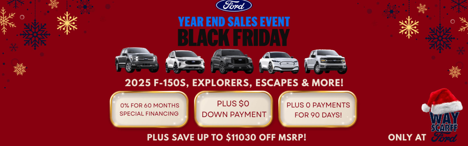 This image is an automotive dealership's Black Friday sales event advertisement, featuring various vehicles such as the F-150, Explorer, and Escape, along with details about special financing, down payment, and savings offers available during the event.