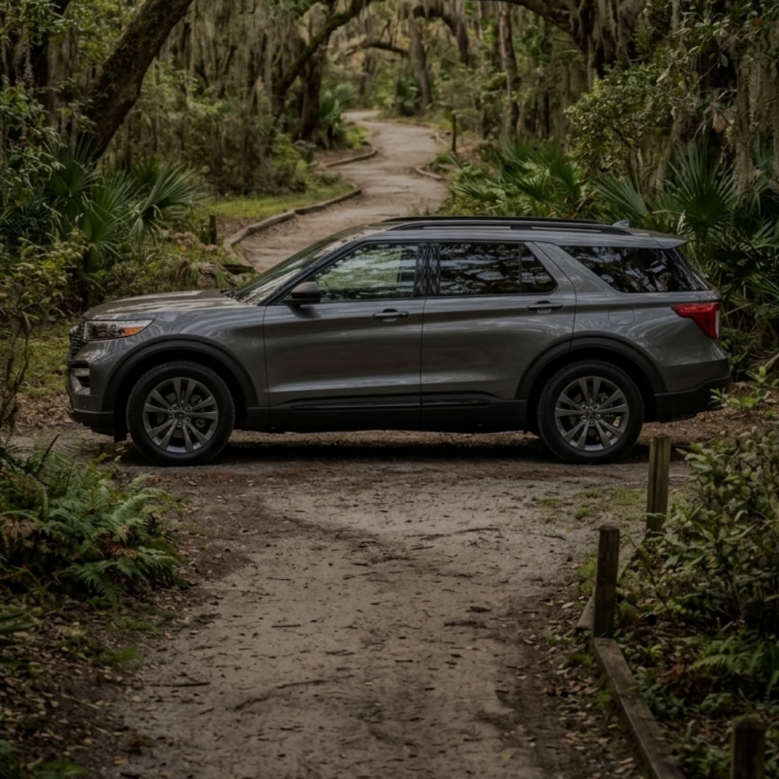SUV parked on a dirt path surrounded by green foliage and moss-draped trees forming an archway.