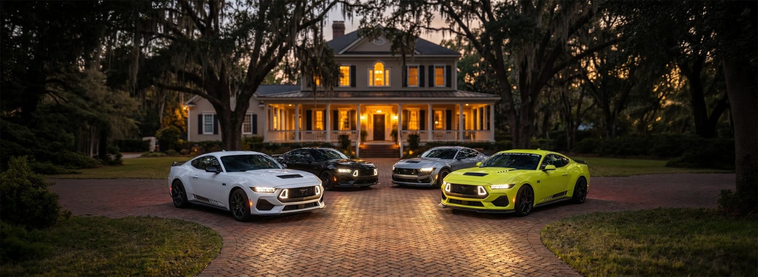 Luxury Southern-style house with high-performance sports cars parked on brick driveway, surrounded by lush, tree-lined scenery