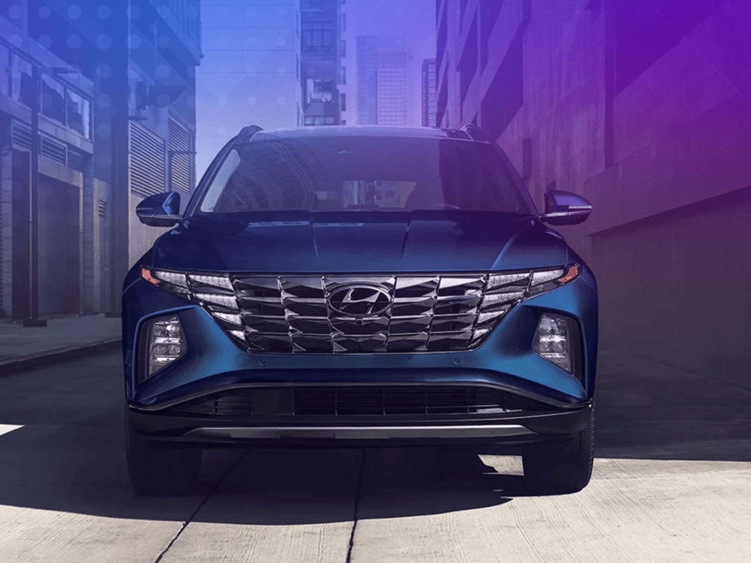 A sleek, modern-looking SUV with a bold, angular design in a dimly lit urban alley, surrounded by vibrant purple and blue hues, creating a striking and atmospheric backdrop.