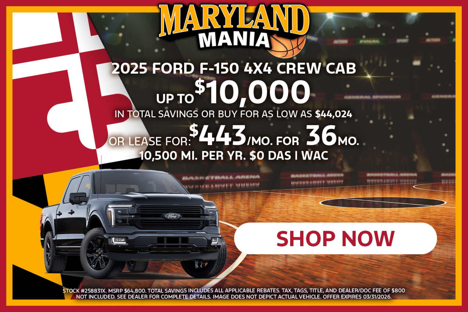 Image of a red truck displayed in a sports-themed setting, promoting a local sales event with significant savings and lease options available.