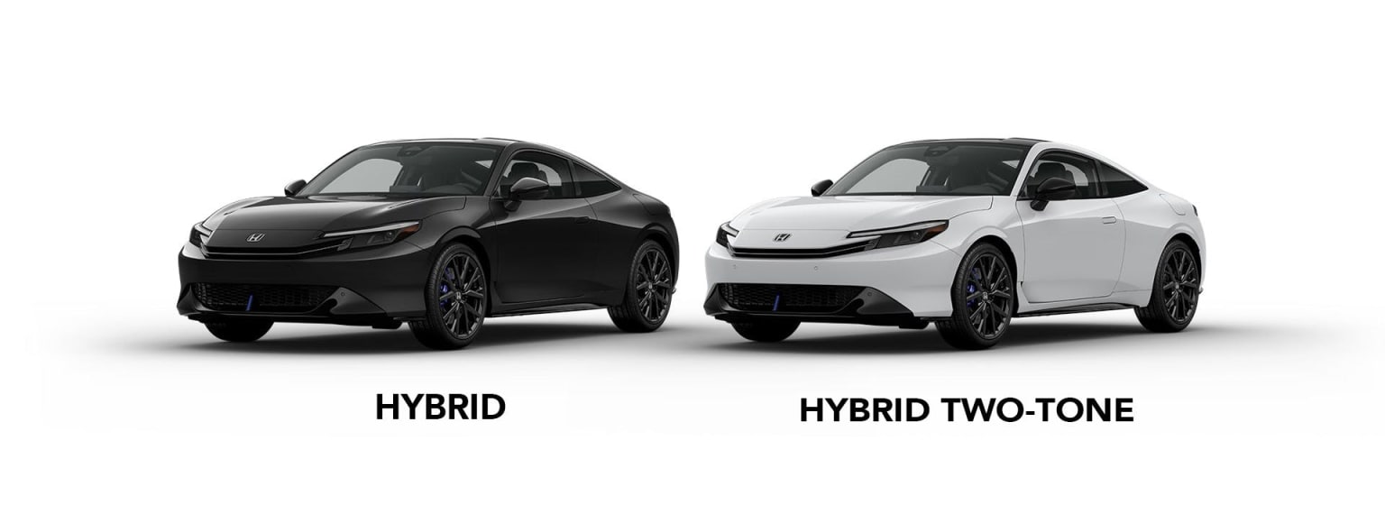 Two hybrid cars, one black and one white two-tone, are displayed next to each other against a plain white background.
