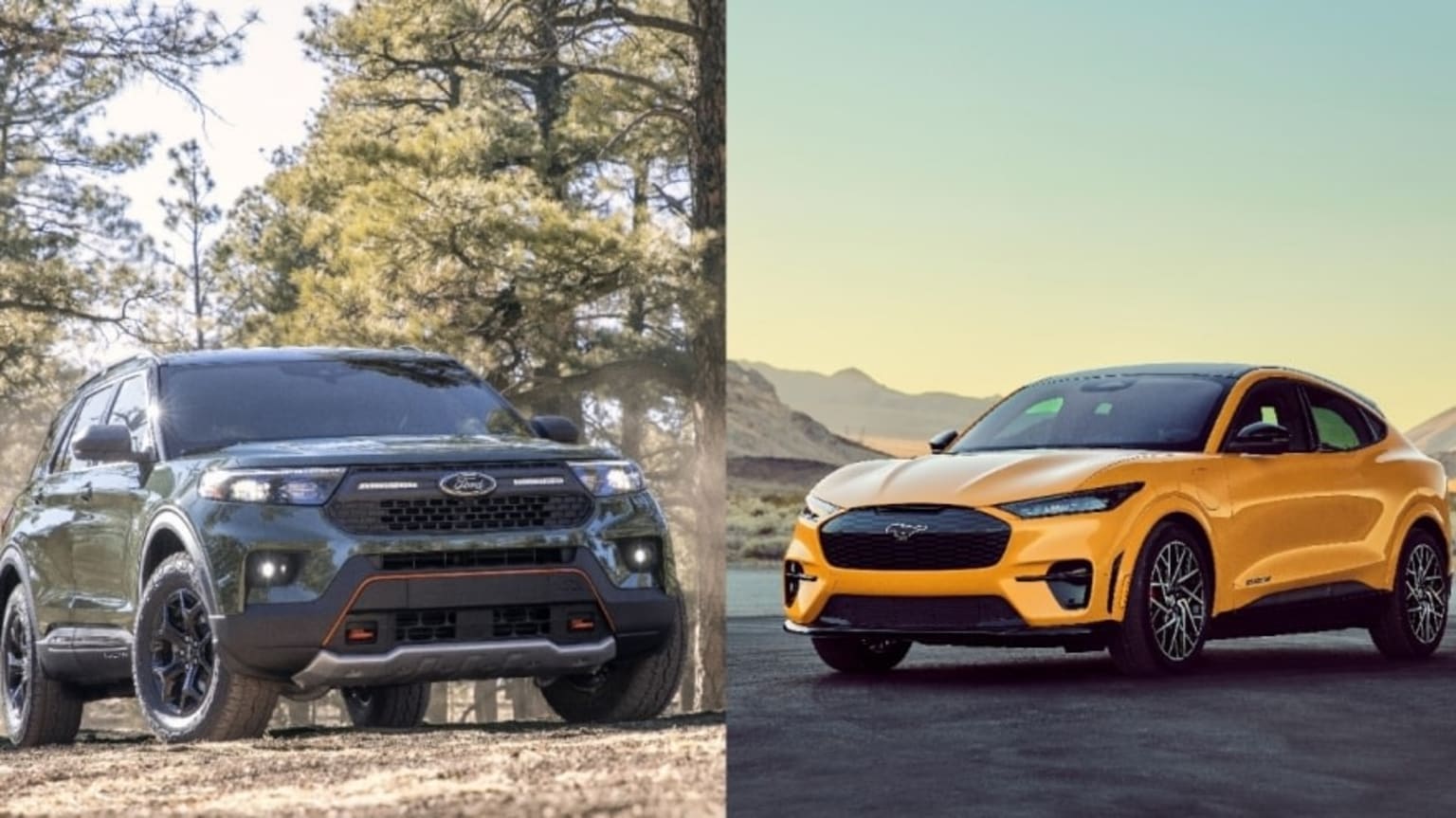 two side by side images of a yellow and a gray ford vehicle in the middle of a desert landscape