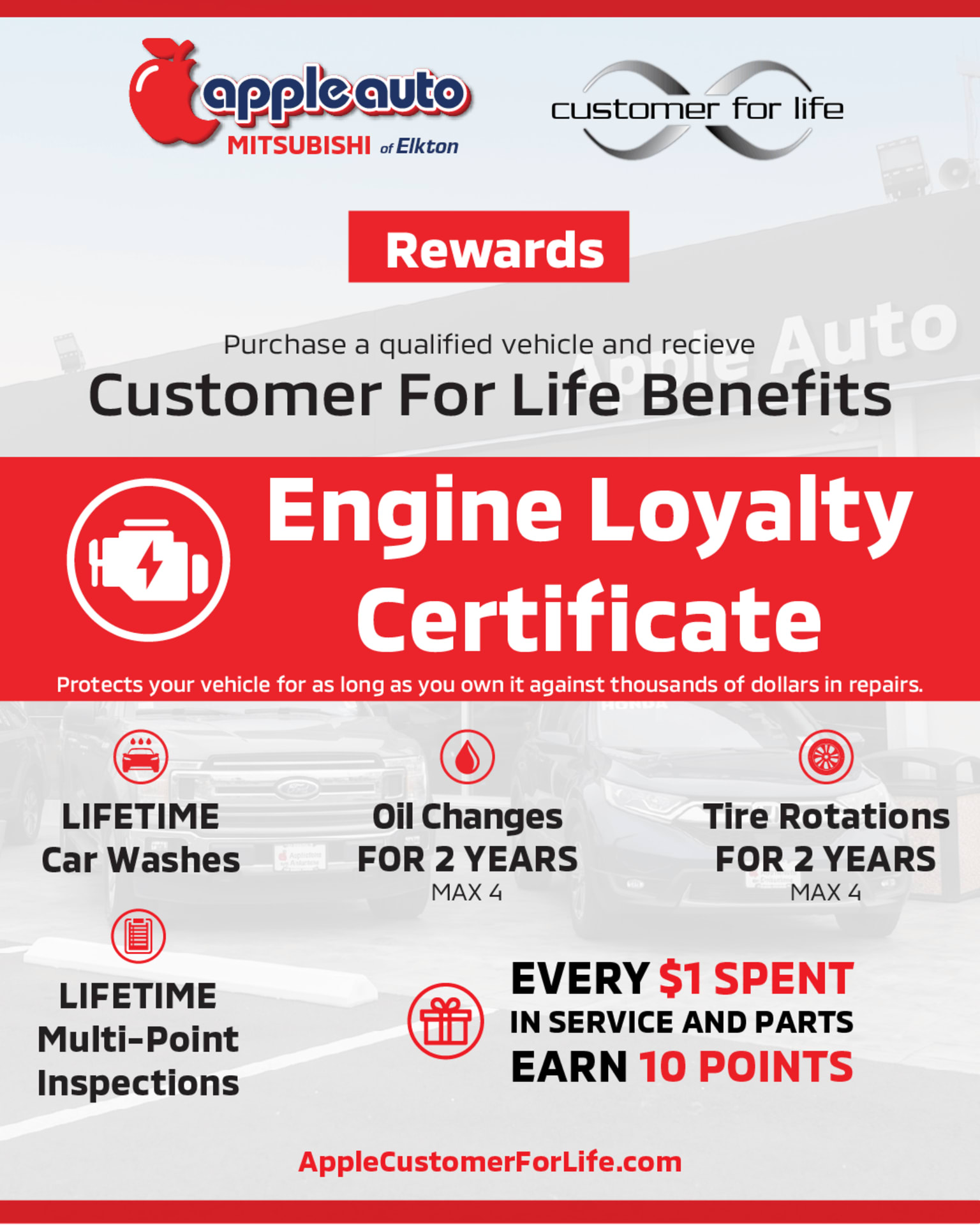 A red and white advertisement for an "Engine Loyalty Certificate" program is displayed, featuring benefits like lifetime car washes and oil changes, with a blurred car dealership background.