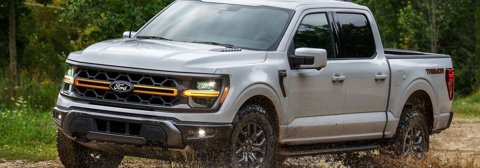 The image shows a rugged, off-road-ready pickup truck with a distinctive grille design, parked in a natural, grassy setting with trees and foliage visible in the background.