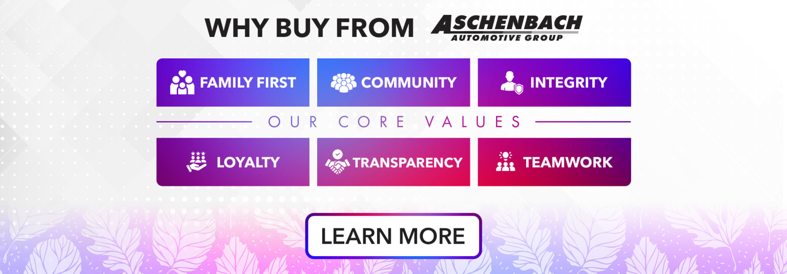 Image alt text: "Core values of a reputable automotive dealership include Family First, Community, Integrity, Loyalty, Transparency, and Teamwork. Discover more with the 'Learn More' button."