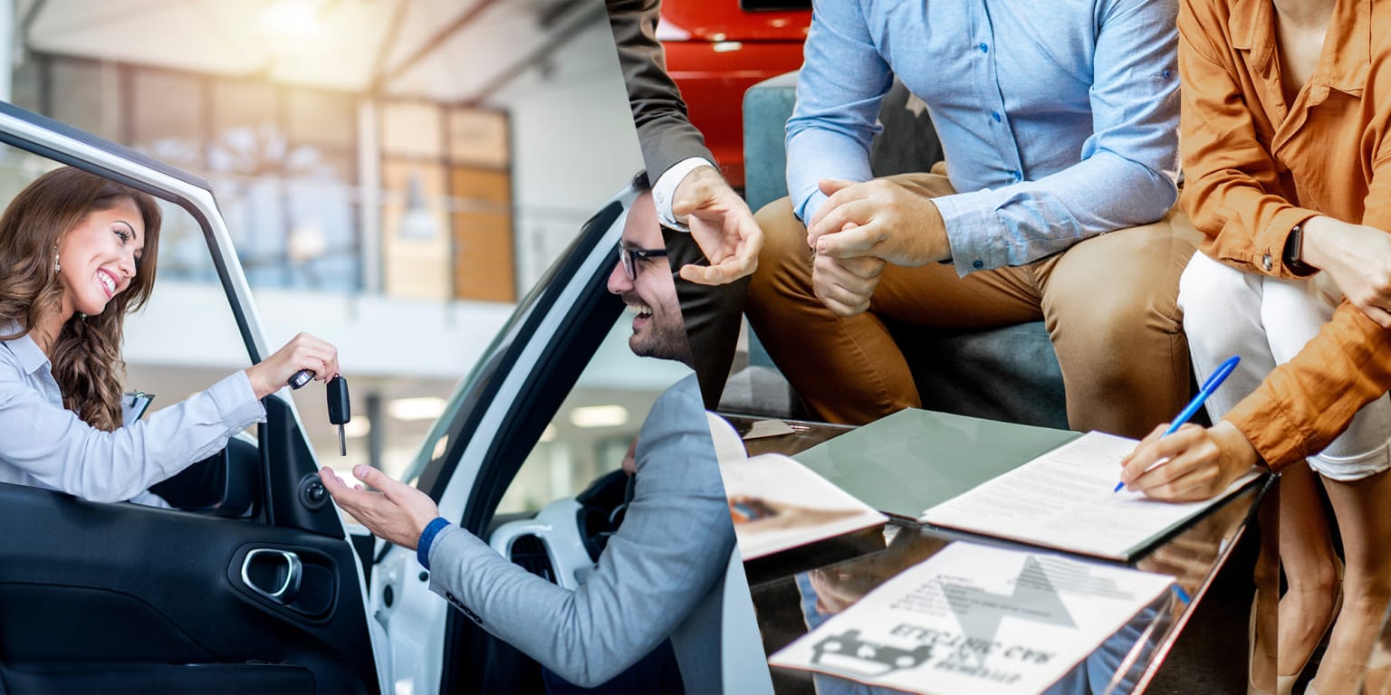 A woman receiving car keys from a salesman in the foreground, while a couple signs paperwork in the background.