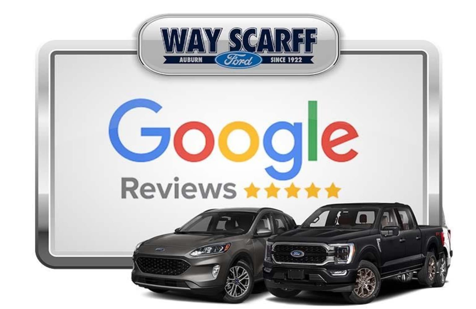 The image features a dealership with two pickup trucks in the foreground, along with a Google Reviews logo prominently displayed.