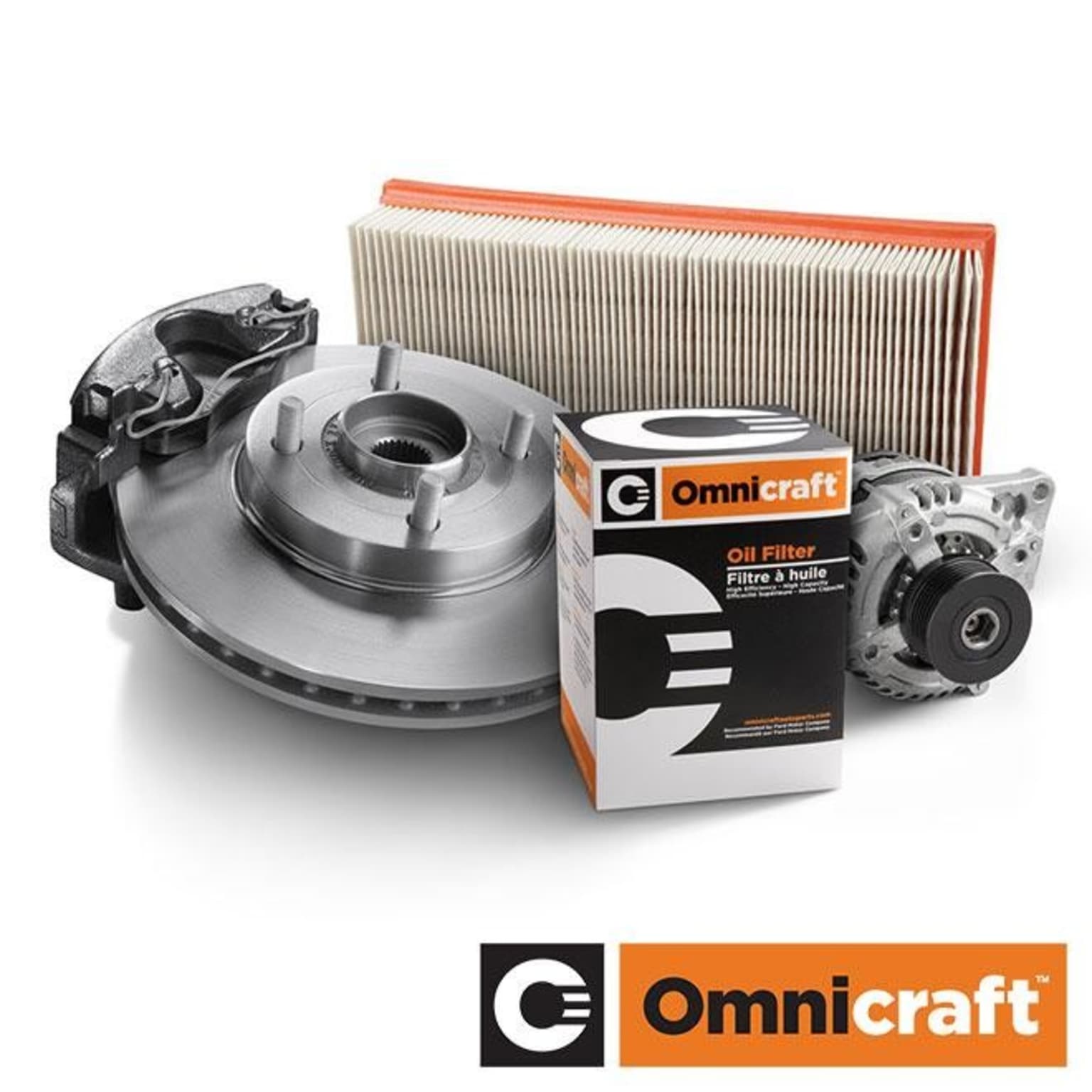 The image shows various automotive parts, including a brake disc, an air filter, and various other components, all arranged on a white background.