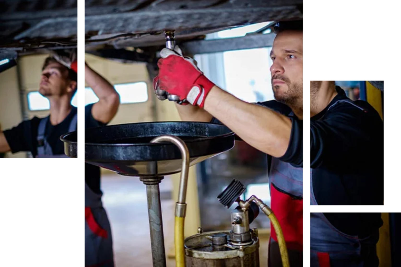 Mechanic in red shirt working on equipment, another person in background