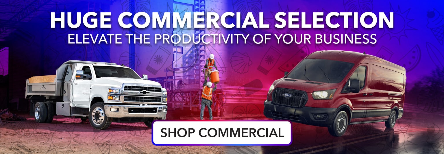 An image displaying a variety of vehicles in a commercial setting, featuring a white truck and a red van, with a bold "Huge Commercial Selection" text overlay to convey the message of productivity for businesses.