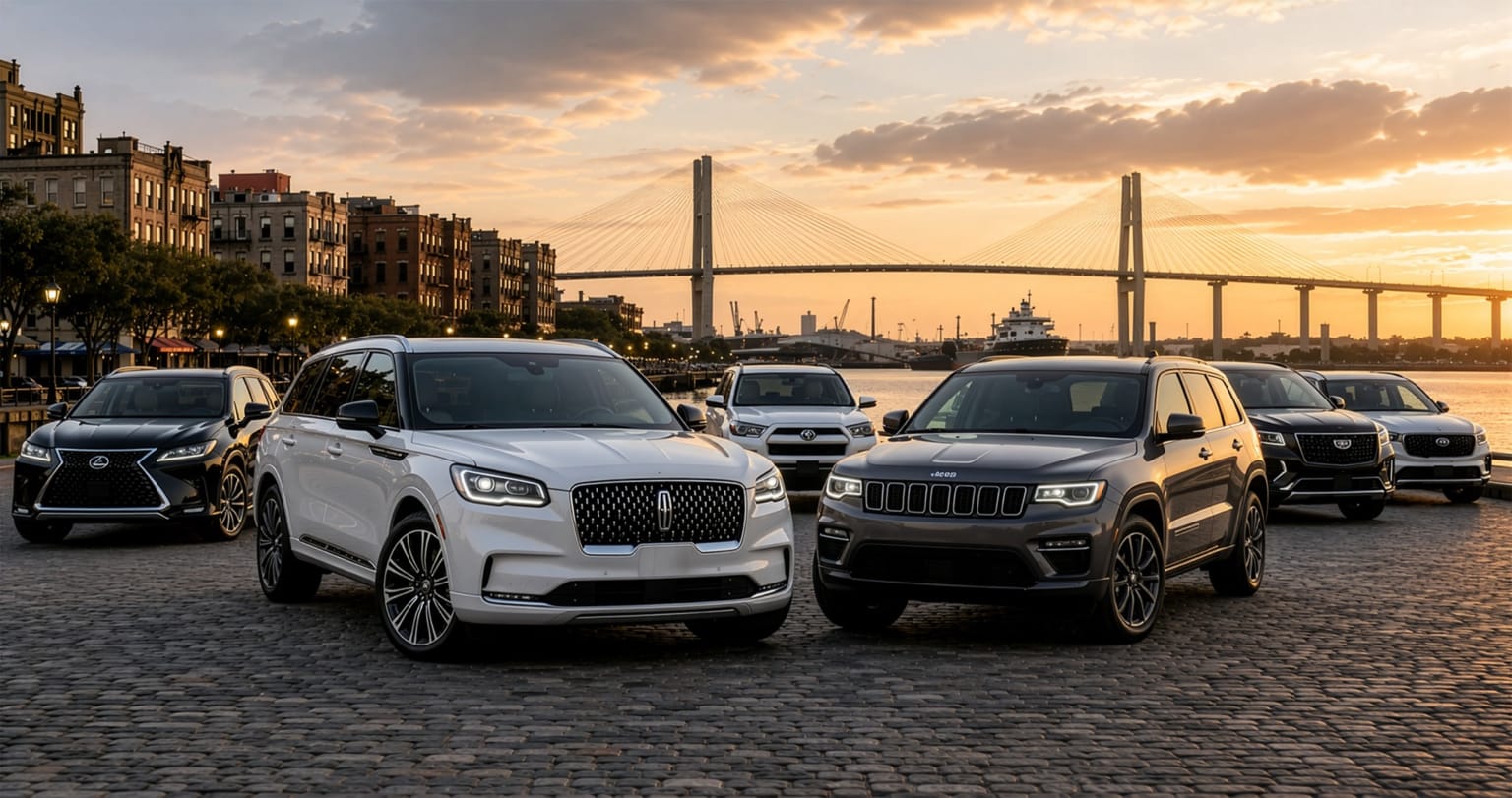 Several SUVs parked on a cobblestone street with a bridge and waterfront buildings in the background at sunset.