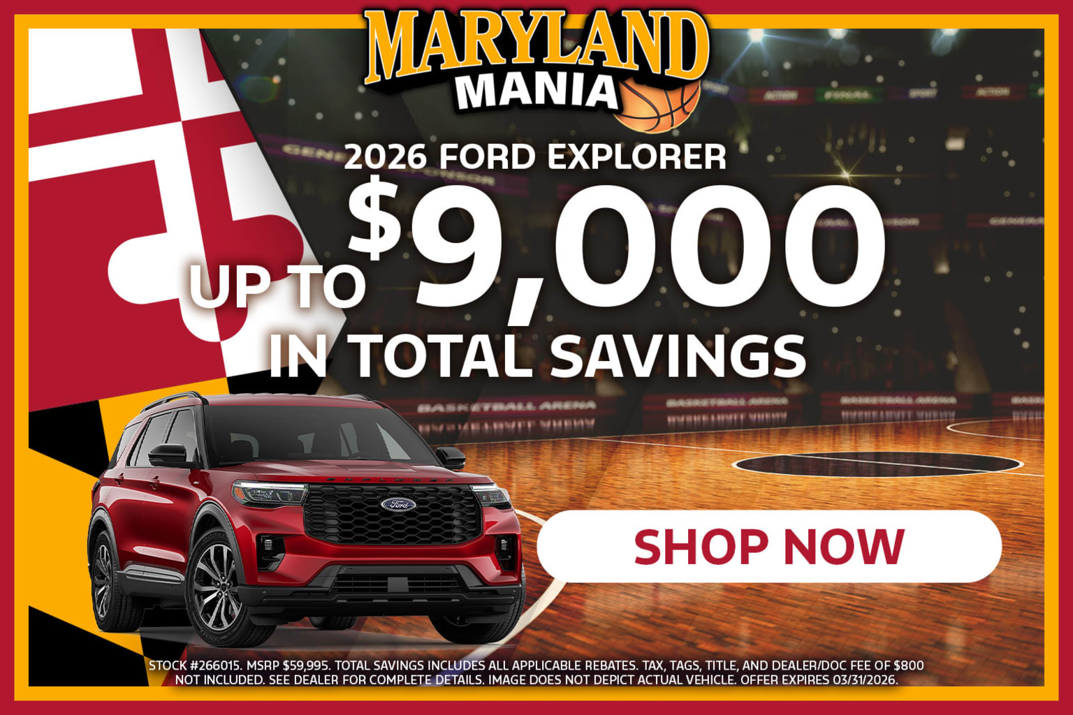 Image of a red SUV with promotional text for a local event and savings on the vehicle.
