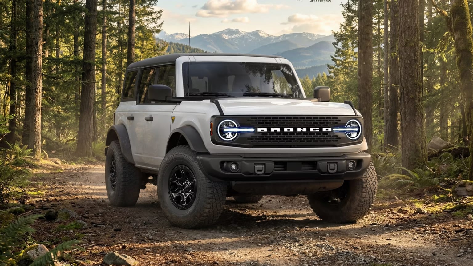 A white SUV sits on a dirt road in a forest, with snow-capped mountains visible in the distance.