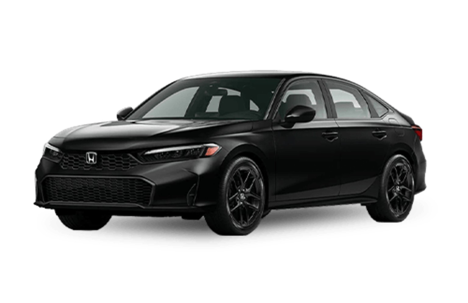 A sleek black sedan with black rims is presented against a plain white background.